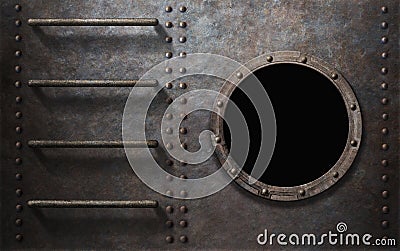 Metal submarine or ship side with stairs and porthole Stock Photo