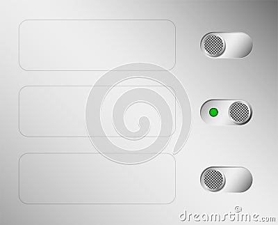 Metal switches or switches. Aluminium control panel. Space for text. Web interface. Vector Illustration