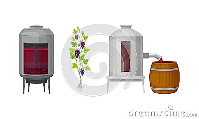 Metal Tank with Grape Juice as Alcoholic Fermentation and Pouring in Wooden Barrel Vector Set Vector Illustration