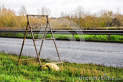 Metal temporary road sign frame on uk motorway in england Stock Photo