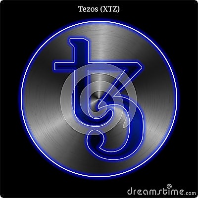 Metal Tezos XTZ coin witn blue neon glow. Vector Illustration