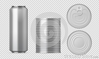 Metal tin can. Realistic food packages blank cylinder templates, aluminum conserved boxes with different views. Vector Vector Illustration