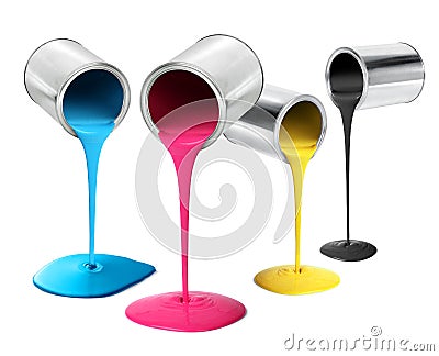 Metal tin cans pouring cmyk color paint Stock Photo