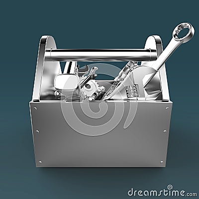 Metal toolbox with tools. Screwdriver, hammer, spanner and wrench. Under construction, maintenance, fix, repair, premium Stock Photo