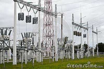 Metal transmission line with the components of the electric network, the system of power equipment for the transmission Stock Photo