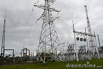 Metal transmission line with the components of the electric network, the system of power equipment for the transmission Stock Photo