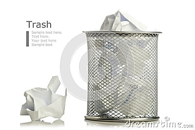 Metal trash bin from crumpled pape Stock Photo