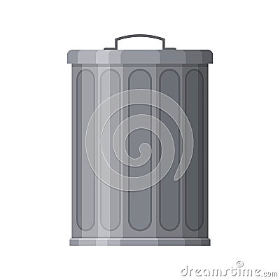 Metal trash bin isolated on white background. Garbage container with closed lid. Steel trash bucket. Vector illustration Cartoon Illustration