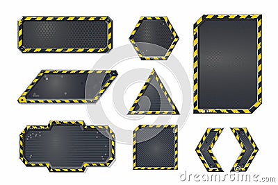 Metal user interface elements set. Cyber punk style banner collection. Futuristic frame boards. Video games concept Vector Illustration