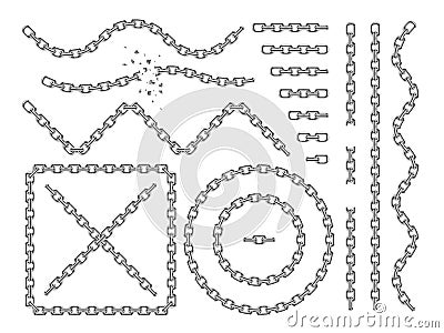 Metal vector chains isolated. Chrome chain icons and brushes set Vector Illustration
