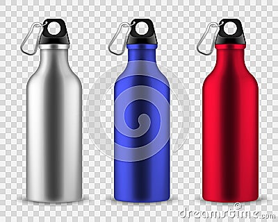 Metal water bottle. Drinking reusable bottles, drink aluminum flask fitness sports realistic stainless vector set Vector Illustration