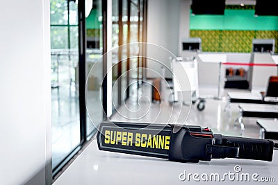 Metal weapon detector scanner at entrance airplane gate, the tool checking passenger after walking through procedure of physical Stock Photo