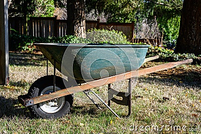 Metal wheelbarrow with a warn out tire, well used gardening tool Stock Photo