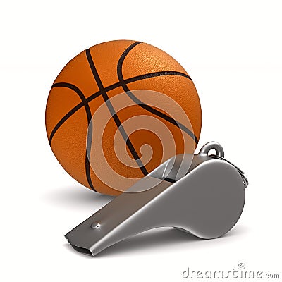 Metal whistle and basketball ball on white background. Isolated Cartoon Illustration