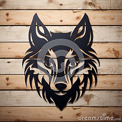 Metal Wolf Design On Wooden Wall: Avacadopunk Graphic With Bold Lines Stock Photo