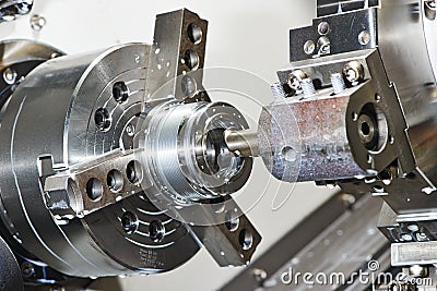 Metal work by bore machining on lathe Stock Photo