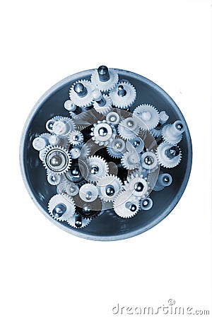 Metal worm screws and shafts with plastic cogwheels and gears in Stock Photo