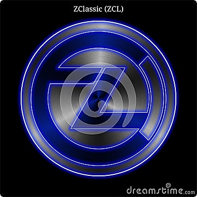 Metal ZClassic ZCL coin witn blue neon glow. Vector Illustration