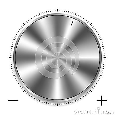 Metalic round knob with circular scale. Realistic silver or chrome steel button with circular processing for controling the volume Vector Illustration