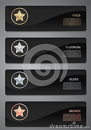 Metalic star and ribbon on black card, Gold, Platinum, Silver, Bronze, Vector illustration Cartoon Illustration