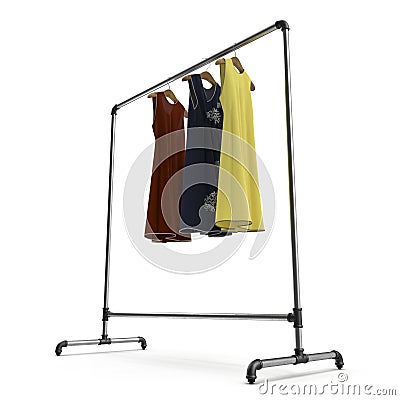 Metall Clothing Display Rack with Dresses on white. 3D illustration Cartoon Illustration