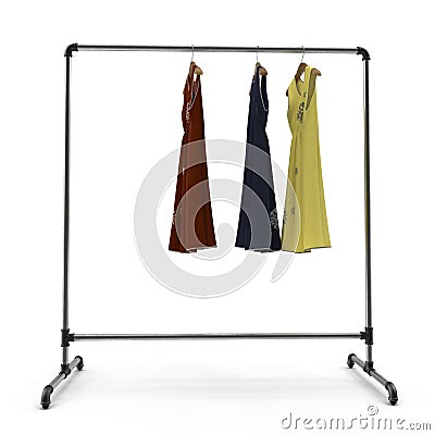 Metall Clothing Display Rack with Dresses on white. 3D illustration Cartoon Illustration