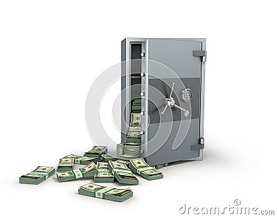 metall safe with open door and dollars bills Cartoon Illustration