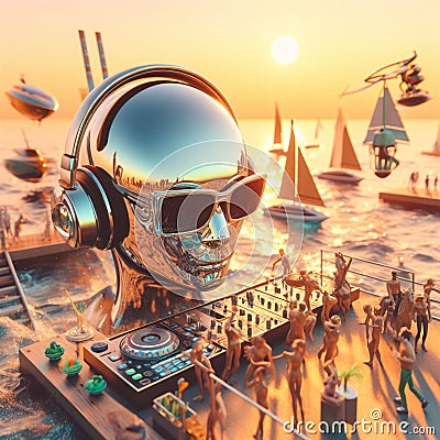 metallic alien deejay, hosting a crowded beach party in tropical island at sunset surreal scene Stock Photo