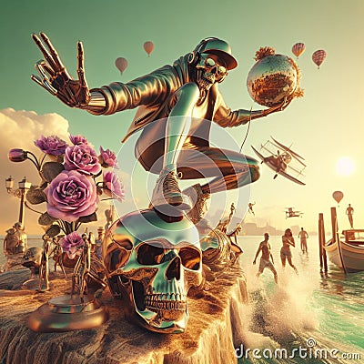 metallic alien dj with human skull, posing and play music for a crowd dancing in the beach at sunset Stock Photo
