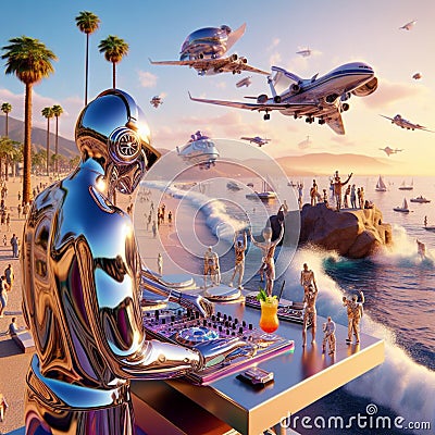 metallic alien dj with human skull, wearing glasses earphone dj of beach party in tropical island Stock Photo