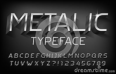 Metallic alphabet font. 3D chrome effect letters and numbers with shadow. Vector Illustration