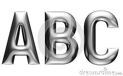 Metallic alphabet with linear font, A B C letters, chrome effect with bevel, white background Cartoon Illustration