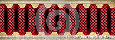 Metallic background of bronze or brass plates and red grid, 3d, Cartoon Illustration