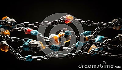 Metallic ball and chain attached, trapping prisoner in slavery generated by AI Stock Photo