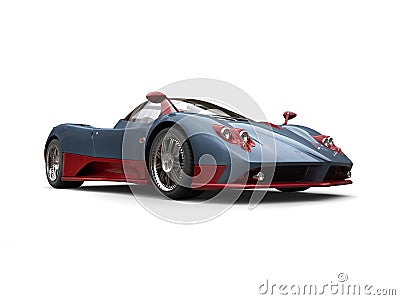 Metallic blue amazing race car with awesome cherry red details - low angle shot Stock Photo