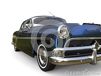 Metallic blue awesome vintage car - front view closeup shot Stock Photo