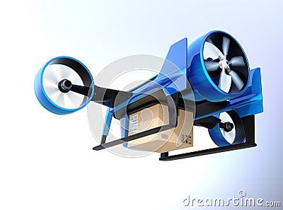 Metallic blue VTOL drone carrying delivery package flying in the sky Stock Photo