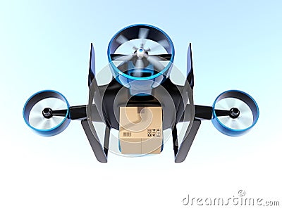 Metallic blue VTOL drone carrying delivery package flying in the sky Stock Photo