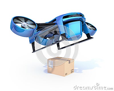 Metallic blue VTOL drone carrying delivery packages takeoff from white background Stock Photo