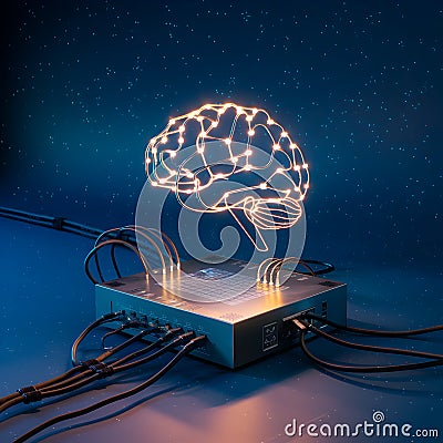 Metallic brain like structure with illuminated nodes hovers above platform Stock Photo