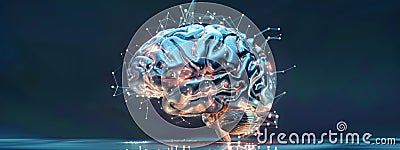 A metallic brain, styled after M C Escher, floats above a mirrored surface, its intricate structure illuminated by data streams Stock Photo