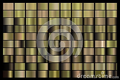 Metallic, bronze, gold, silver, chrome, copper metal foil texture gradient template Vector swatch set Cartoon Illustration