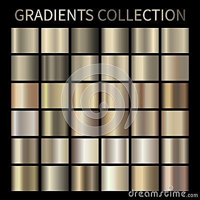 Metallic, bronze, gold, silver, chrome, copper metal foil texture gradient template Vector swatch set Cartoon Illustration