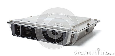 Metallic car engine control unit with plastic elements on a white isolated background is connecting center of various subsystems, Stock Photo