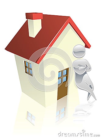 Metallic character leaning on house Vector Illustration