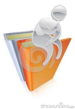 Metallic character sitting on books thinking Vector Illustration