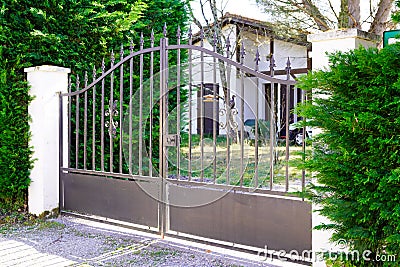 Metallic classic portal home grey iron classical gray steel vintage metal silver house gate Stock Photo