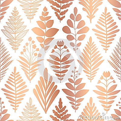 Metallic copper foil floral seamless pattern. Repeating vector background rose gold flowers on white in geometric rhombus shapes. Stock Photo
