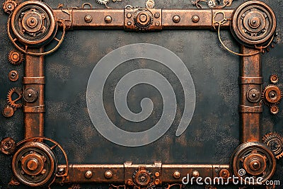 Metallic copper steampunk frame border with gears and cogs creating an empty space on a dark background Stock Photo