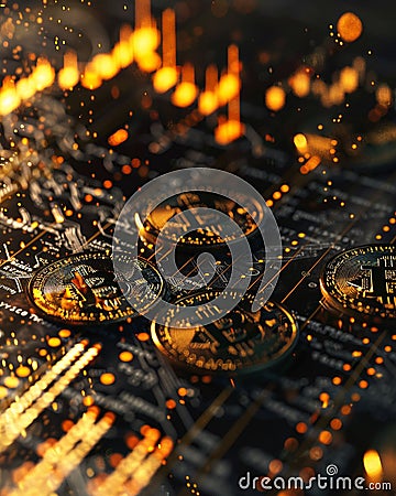 Metallic currency with rising and falling data points the dynamic world of fiscal forecasting Stock Photo